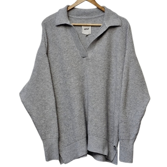 Aerie Gray Cozy Up Waffle Knit Polo Pullover Super Soft Sweater - Picture 5 of 13